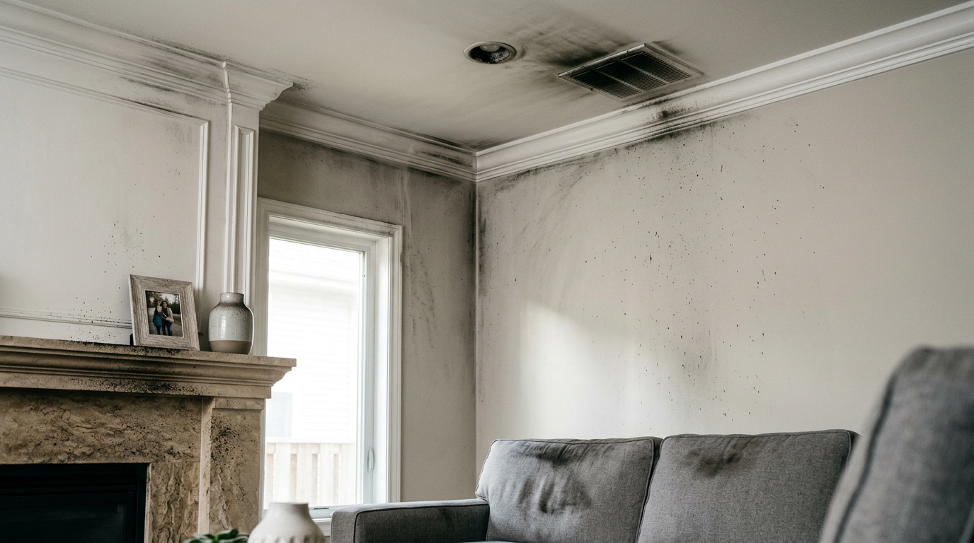 Fire-damaged interior with soot on the walls