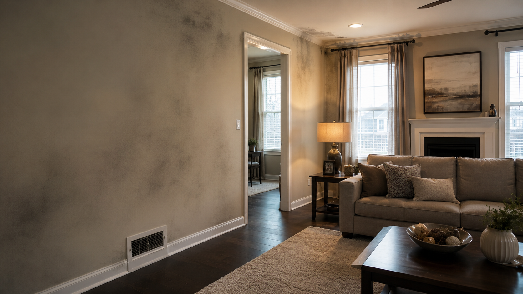 Smoke residue staining on an interior wall